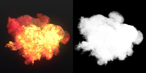 Wall Mural - large explosion with black smoke in dark plus alpha channel. 3d rendering