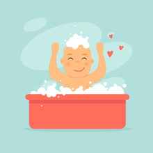 Baby Is Bathing In The Bath. Flat Design Vector Illustration