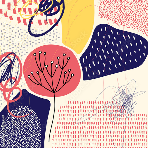 Creative geometric colorful background with patterns and floral elements. Col...