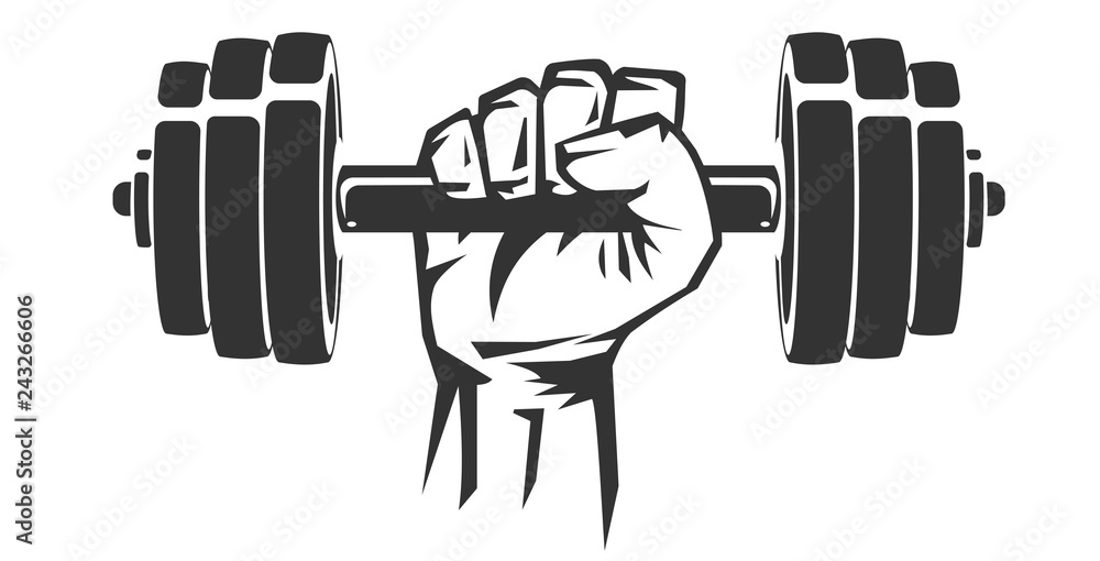 Vector hand drawn silhouette of strong hand lifting up steel dumbbell isolated on white background. Template for sport icon, symbol, logo or other branding. Modern retro illustration. - obrazy, fototapety, plakaty 