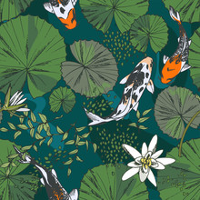Seamless Pattern With Water Lilies And Other Water Plants