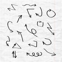 Wall Mural - black arrows are drawn on the background of a crumpled sheet of notebook