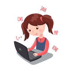 Smiling girl sitting at laptop and learning coding.
