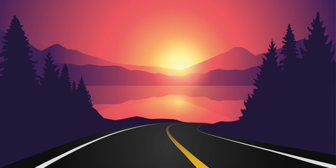 Wall Mural - road to the lake in the forest at sunrise with mountain landscape vector illustration EPS10