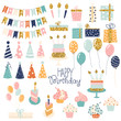 Birthday party glitter set.  Collection of holiday items. Vector hand drawn illustration.