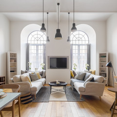 Living room with arch windows