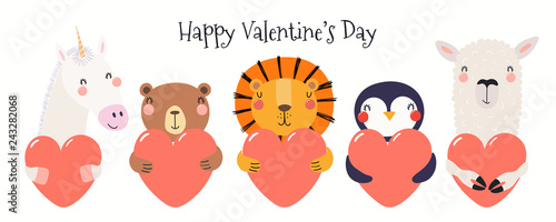Hand drawn card with cute funny animals holding hearts, text Happy Valentines...