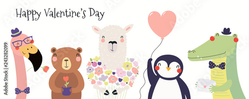 Hand drawn card with cute funny animals, hearts, text Happy Valentines day. I...
