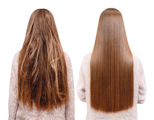 Sick, cut and healthy hair care keratin. Before and after treatment