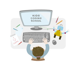 Girl sitting at her desk and coding with her computer making and programming a robot. Topview workspace vector illustration.
