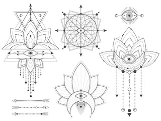 Wall Mural - vector set of sacred geometric and natural symbols on white background. abstract mystic signs collec