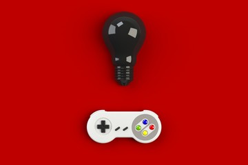 Poster - Video game console GamePad. Gaming concept. Top view retro joystick with light bulb isolated on red background, 3D rendering