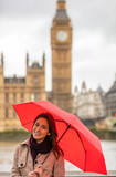 Fototapeta Big Ben - Woman Tourist With Umbrella by Big Ben, London, England