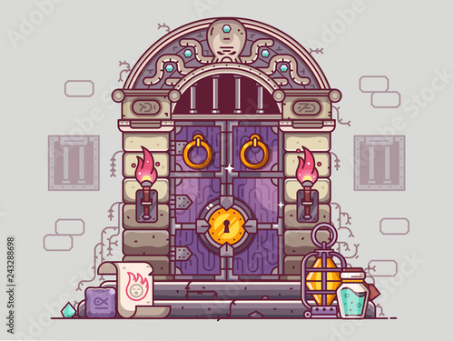 Rpg Dungeon Door With Burning Torches And Golden Door Knob