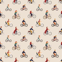 Fototapete - Seamless pattern with old and young people riding bikes or bicyclists. Backdrop with men and women on bicycles. Vector illustration in flat cartoon style for wrapping paper, fabric print, wallpaper.