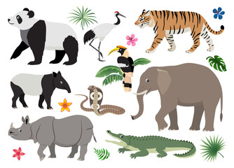 Set of cute wild animals and birds icon, decor for children, cartoon tiger, rhinoceros, panda, elephant, alligator, hornbill, cobra, crane, tapir vector illustration isolated on white background