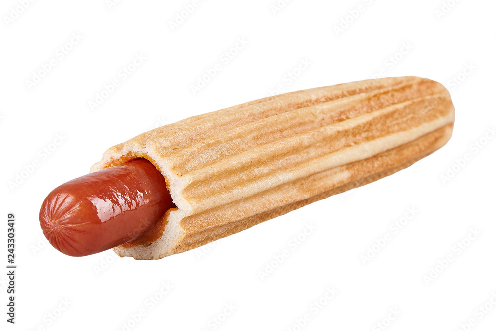 French hot dog isolated on white background. Horizontal. Ready for menu - obrazy, fototapety, plakaty 