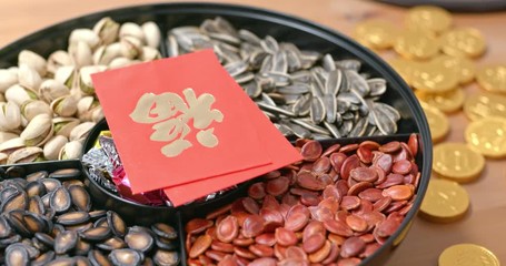 Poster - China new year snack box with red packet word means luck and gold coin means wealth