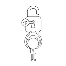 Vector Illustration Of Businessman Character Holding Up Opened Padlock With Key. Black Outline.