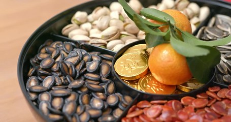 Poster - Lunar new year snack tray with gold coin candy with words wealth