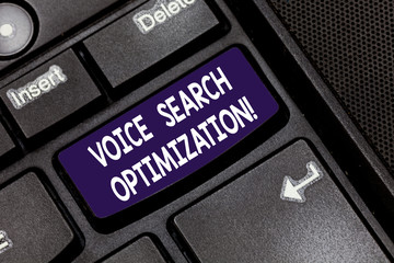Writing note showing Voice Search Optimization. Business photo showcasing enhance web searching through spoken comanalysisds Keyboard key Intention to create computer message pressing keypad idea