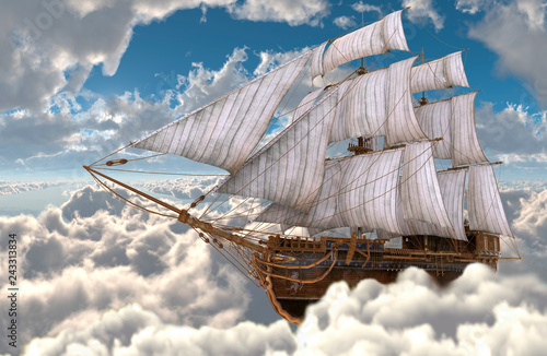 Sailboat flying above the clouds 3d illustration