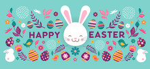 Happy Easter, Vector Banner With Flowers, Eggs And Bunnies