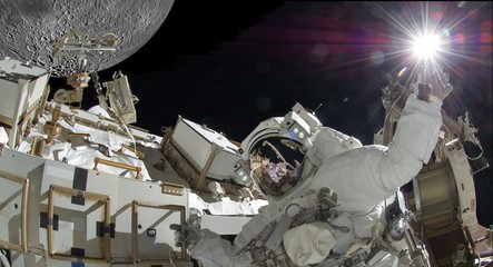Wall Mural - astronaut with bright light outside his spaceship
