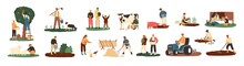 Set Of Farmers Or Agricultural Workers Planting Crops, Gathering Harvest, Collecting Apples, Feeding Farm Animals, Carrying Fruits, Milking Cow, Working On Tractor. Flat Cartoon Vector Illustration.