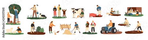 Fotomural Set of farmers or agricultural workers planting crops, gathering harvest, collecting apples, feeding farm animals, carrying fruits, milking cow, working on tractor