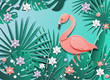 Vector illustration with a lot of tropical plants and flamingos. In the style of cut paper