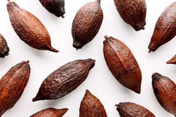 Cocoa pods on a white background, creative flat lay food concept