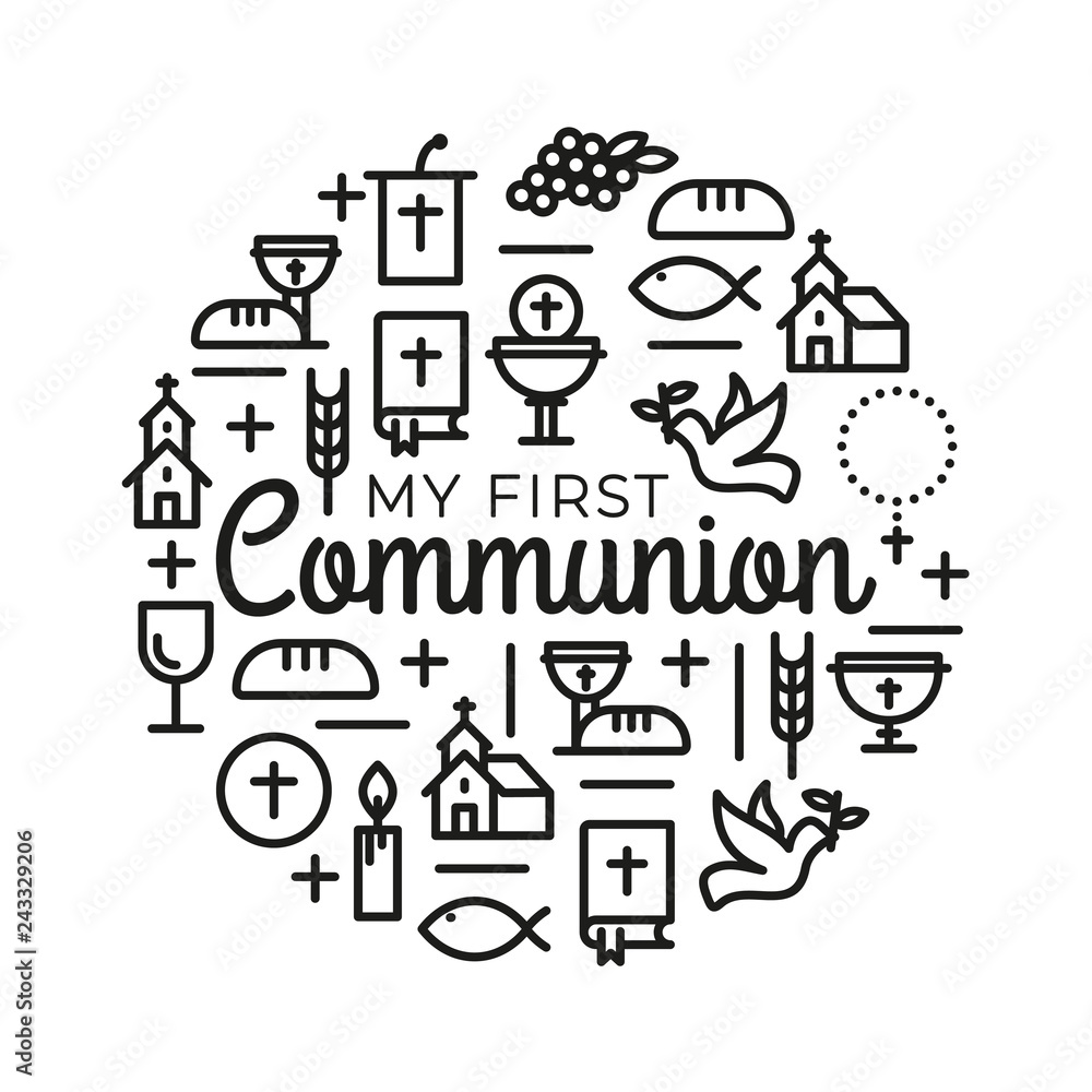 First communion symbols for a nice invitation design. Church and ...