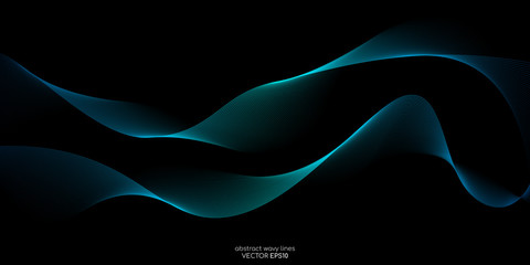Wall Mural - abstract vector wave line flowing green and blue color isolated on black background for design eleme
