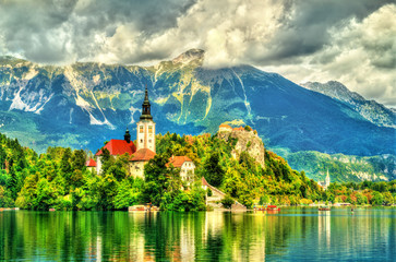 Sticker - Church of the Assumption of Mary and Bled Castle in Slovenia