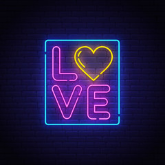 Wall Mural - Love neon sign, bright signboard, light banner. Valentine's Day logo neon, emblem. Vector illustration