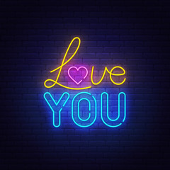 Wall Mural - Love You neon text, bright signboard, light banner. Valentine's Day logo neon, emblem. Vector illustration