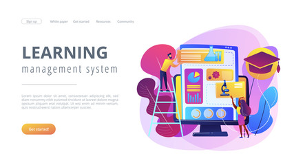 Educational courses management software on computer screen. Learning management system, educational technology, online learning delivery concept. Website vibrant violet landing web page template.