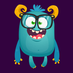 Funny bigfoot wearing eyeglasses waving. Vector illustration of excited monster