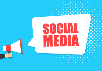 Wall Mural - male hand holding megaphone with social media speech bubble. loudspeaker. banner for business, marke