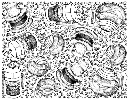 Illustration Wallpaper Background Of Hand Drawn Sketch Of Coffee Beans With French Press Pot Or Cafetiere A Piston With Vietnam Coffee Dripper And Glass Pot Stock Vector Adobe Stock Illustration Wallpaper Background Of Hand Drawn Sketch Of Coffee Beans With French Press Pot Or Cafetiere A Piston With Vietnam Coffee Dripper And Glass Pot Stock Vector Adobe Stock