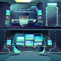 Wall Mural - Vector captain cabin in the futuristic spaceship with datacenter, interfaces and servers. Cartoon interior of alien orlop, cockpit in spacecraft, interstellar rocket. Science fiction, game background.