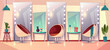 Vector background with female hairdressing salon, interior. Barbershop for women haircutting and makeup. Grooming place with mirror, beauty club with professional devices, towels. Fashion concept.