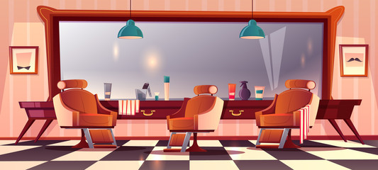 Vector background with male barbershop, gentlemanly salon for haircutting. Hipster grooming place with mirror, beauty club with professional devices, towels. Male service, fashion concept.