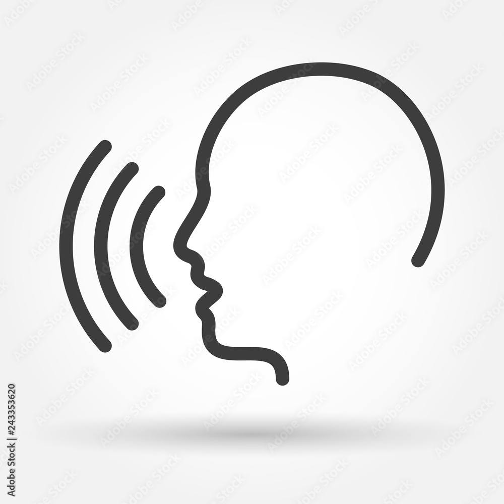 Voice control icon. Speak or talk recognition linear icon, speaking and talking command, sound commander or speech dictator head, vector illustration - obrazy, fototapety, plakaty 