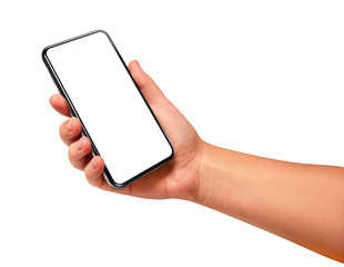 Wall Mural - woman holding black smartphone with blank screen isolated on white