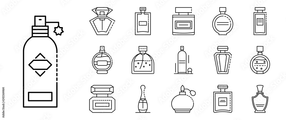 Fragrance bottles icons set. Outline set of fragrance bottles vector icons for web design isolated on white background - obrazy, fototapety, plakaty 