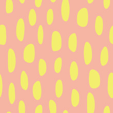 Abstract Spot Shapes Seamless Vector Pattern. Yellow Lime Marks On Coral Background. Modern Strokes Design For Fabric, Packaging , Digital Paper, Web Banner, Page Fill, Wrapping, Covers