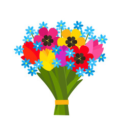  A beautiful bouquet of colorful spring tulips, daffodils. Flat design in the background. Vector illustration . graphic icons. The concept of celebration, Mother's Day, Valentine's Day, March 8. -