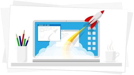 Successful launch of a program, project or business. Modern technology online. A cloud of smoke and rocket launch.